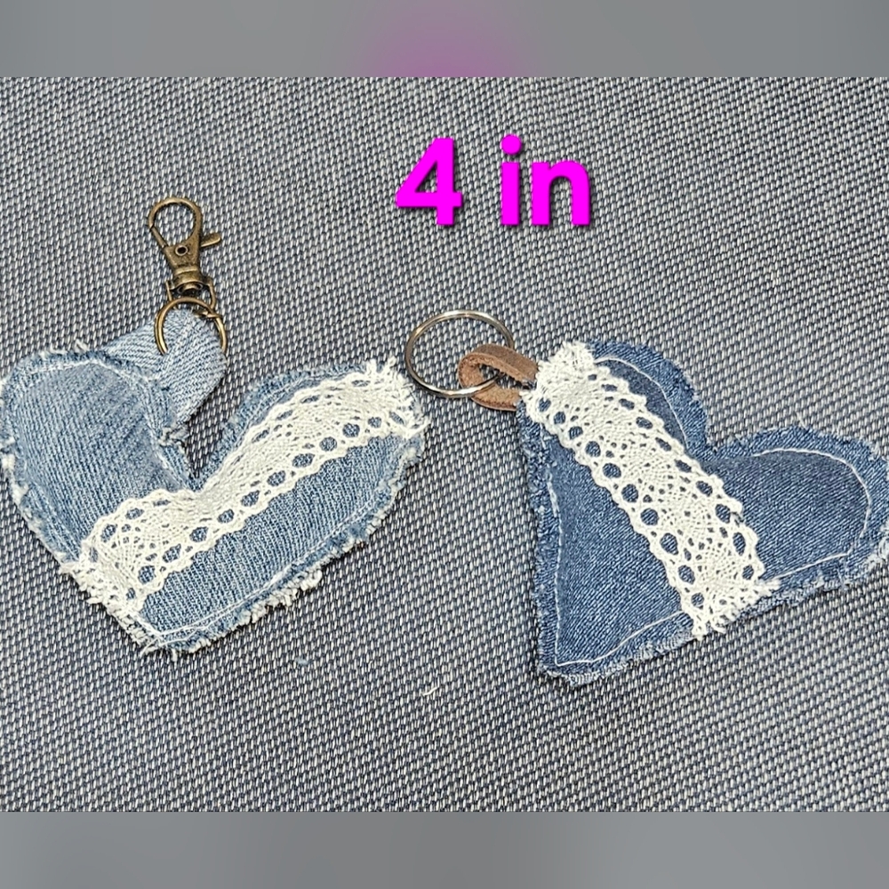Denim Heart Keychain with Lace Trim